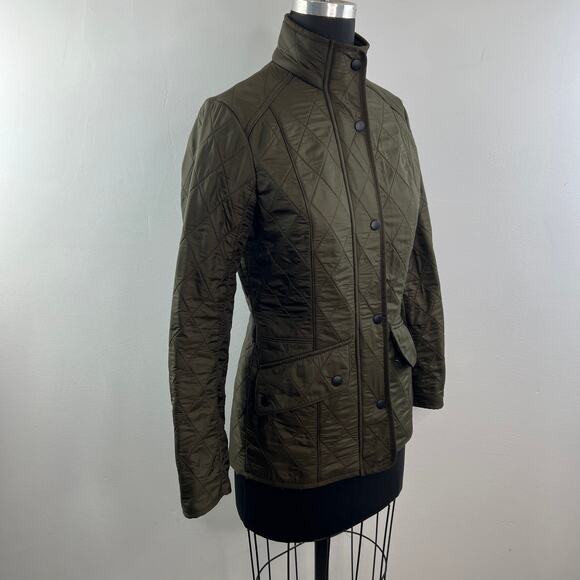 BARBOUR Cavalry Polarquilt Olive Green Jacket Quilted Snap Front Mock Neck Sz 4 - Picture 5 of 11